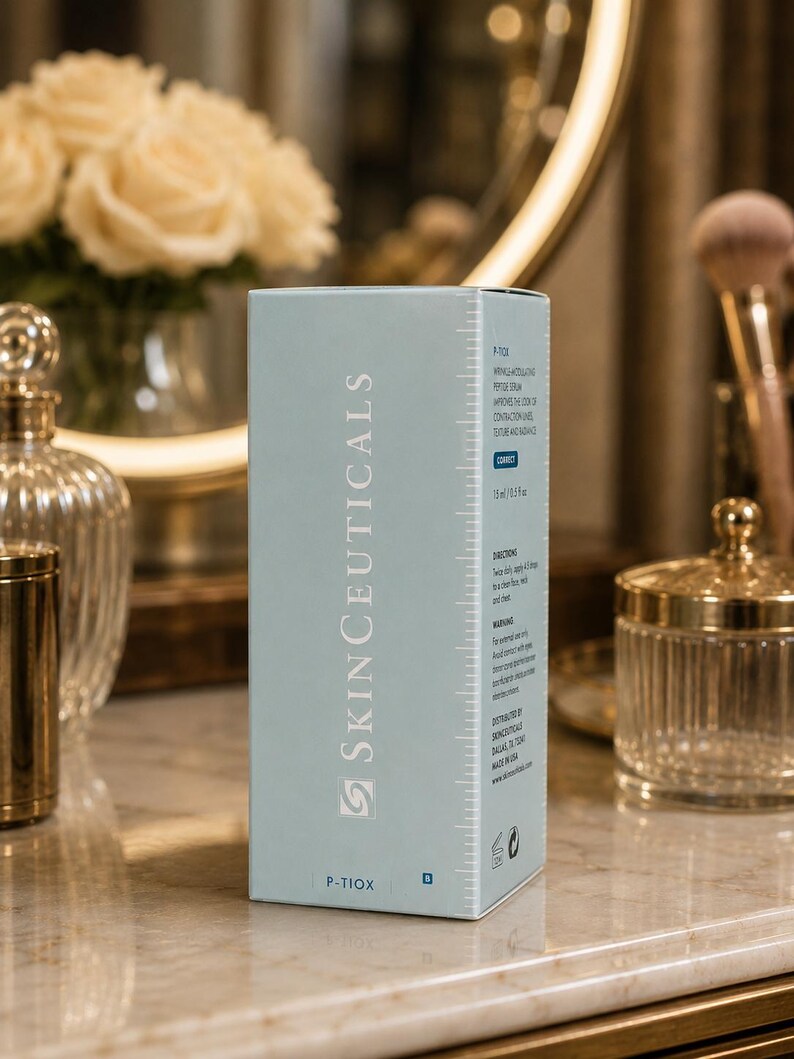 May include: A light blue box of SkinCeuticals P-Tiox peptide serum. The box has white text and a measurement scale on the side. The background includes a mirror, flowers, and cosmetic accessories.