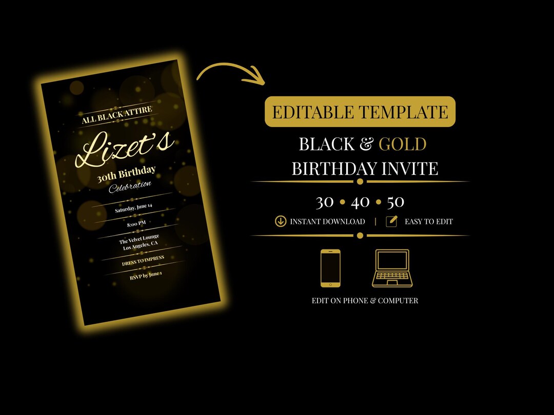 Black Gold Birthday Invitation Template, All Attire Editable Invite ...