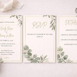 Plantilla de invitación de boda Loral, conjunto de invitaciones de boda editable, plantilla de invitación de boda plegable