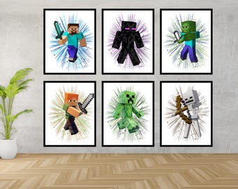 May include: Six framed Minecraft character prints. Each print features a different character, including Steve, Enderman, Zombie, Alex, Creeper, and Skeleton, against a colorful splatter background. The prints are displayed on a wall above a wooden floor.