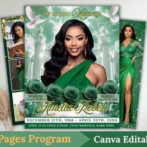 May include: A memorial program template with a central portrait of a woman in a green dress, surrounded by green roses and doves. The text reads "In Loving Memory" and "Amelia Robert". Includes the text "8 Pages Program" and "Canva Editable".