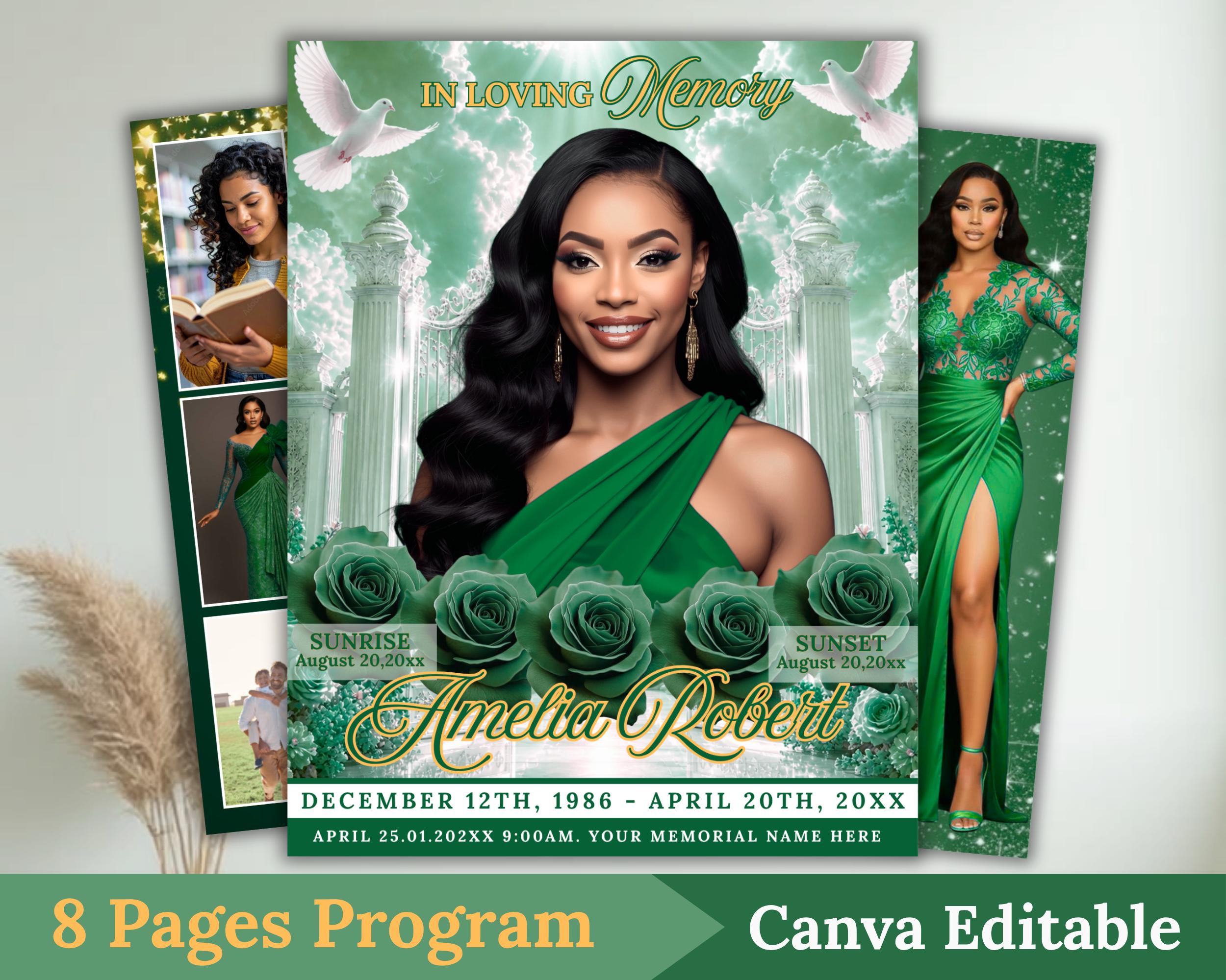 Green Roses Funeral Program Template, Editable Memorial Program, Gold ...