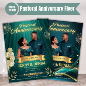 May include: Two teal and gold Pastoral Anniversary flyers with a couple in formal attire. The flyers include the text "Pastoral Anniversary", event details, and the names "Jenny & Denial". Gold balloons and floral accents decorate the flyers.