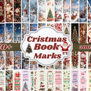 May include: A collection of over 50 vertical rectangular bookmarks featuring Christmas-themed illustrations including Santa Claus, snowmen, reindeer, decorated trees, and winter landscapes with text such as Cristmast Book Marks and 300DPI.