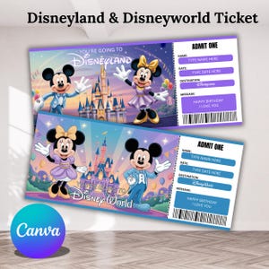 Può includere: Due biglietti Disneyland e Disneyworld con Topolino e Minnie. I biglietti hanno una combinazione di colori viola e blu con il testo "ADMIT ONE", "TYPE NAME HERE", "TYPE DATE HERE" e "HAPPY BIRTHAY I LOVE YOU". Il logo Canva è in basso a sinistra.