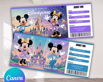 Disneyland und Disneyworld Ticket, druckbares Urlaubsgeschenk, benutzerdefinierte Reisegutschein, bearbeitbares Reiseticket-Design, sofortiger Download
