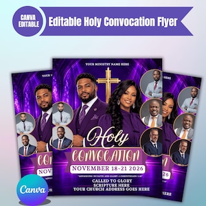 Puede incluir: Una plantilla de folleto editable para un evento Holy Convocation con fondo morado, una cruz dorada, el texto Holy Convocation November 18-21 2026 y varios marcos de fotos circulares que muestran a personas con ropa formal de negocios.