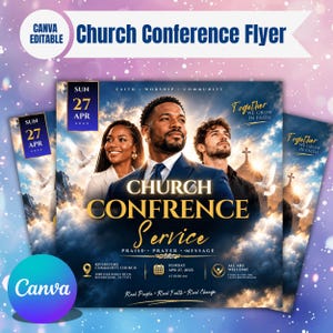 May include: A square church conference flyer template featuring three people in front of a cloudy sky with doves and a church steeple. Text includes Church Conference Service, Sun 27 Apr, Together We Grow In Faith, and Riverstone Community Church.