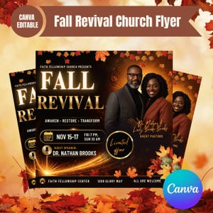 Op de afbeelding: Een digitale flyer-sjabloon voor een Fall Revival kerkbijeenkomst met een zwarte achtergrond, gouden tekst, herfstbladeren en een foto van twee personen. De tekst bevat Fall Revival, Nov 15-17 en Dr. Nathan Brooks als gastspreker.