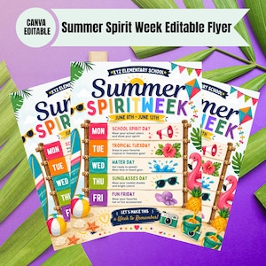 Op de afbeelding: Een bewerkbare flyer voor de Summer Spirit Week met een schema van 8 tot 12 juni. Het ontwerp bevat tropische afbeeldingen zoals een flamingo, ananas, surfplank en strandbal, met tekst die de dagelijkse thema's zoals Tropical Tuesday beschrijft.