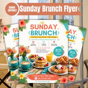 May include: A Sunday Brunch flyer template featuring tropical floral accents, a stack of pancakes, waffles, and coffee. The text reads Sunday Brunch, Good Food, Great Friends, Perfect Sunday, Join Us For A Delicious Brunch Experience, and 123-456-7890.