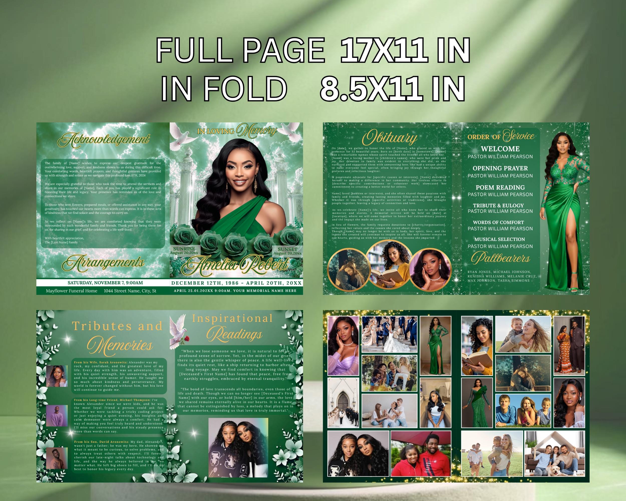 Green Roses Funeral Program Template, Editable Memorial Program, Gold ...