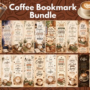 May include: A collection of twenty rectangular paper bookmarks featuring coffee-themed illustrations and inspirational quotes. Each bookmark displays various coffee cups, books, and botanical elements in warm brown, cream, and tan color palettes.