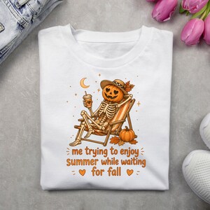 Waiting For Fall PNG, Cozy Autumn Skeleton Design, Pumpkin Lover Gift, Spooky Girl Tee, Funny Halloween Sublimation Art