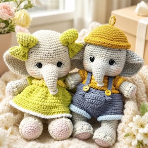 2-i-1 virkmönster för elefanter i PDF-format, amigurumi för pojke och flicka, engelska och amerikanska termer, handledning för söta djurdockor