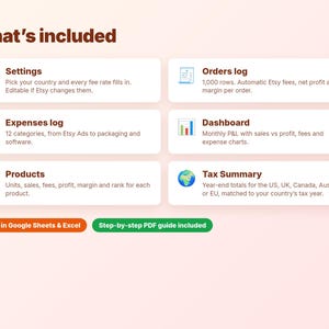 May include: A digital spreadsheet overview titled What's included, featuring six white rectangular boxes with icons and text: Settings, Orders log, Expenses log, Dashboard, Products, and Tax Summary. Includes orange and green buttons.