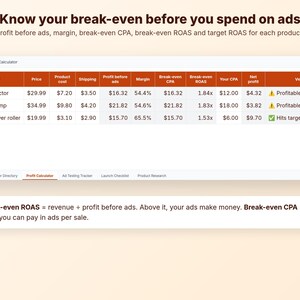 May include: A digital profit calculator interface displaying a table with columns for product, price, cost, shipping, profit, margin, break-even CPA, break-even ROAS, CPA, net profit, and verdict for three items: posture corrector, LED sunset lamp, and pet hair remover roller.