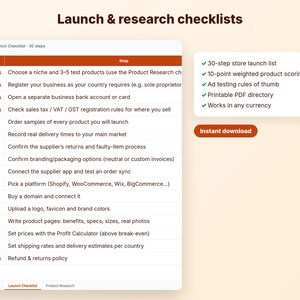 May include: A digital launch and research checklist document featuring a table with columns for stage and step. The list includes items like foundations, suppliers, store setup, and legal pages. A side box highlights a 30-step store launch list.