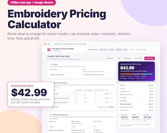 Embroidery Pricing Calculator, Machine Embroidery Business Quote Builder, Offline Web App & Google Sheets, Stitch Count Cost and Profit Tool