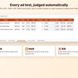 May include: A digital ad testing tracker dashboard displaying a table with columns for platform, product, spend, clicks, CTR, CPC, purchases, ROAS, break-even ROAS, profit, and verdict. Below are three status boxes labeled Scale, Hold, and Kill.