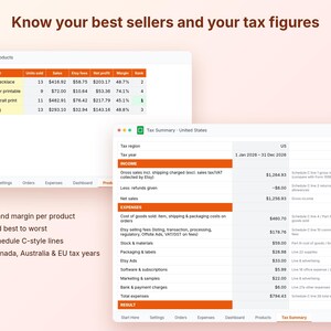 May include: A digital spreadsheet interface titled Know your best sellers and your tax figures. It displays a product sales table and a US tax summary with income and expense categories, including columns for units sold, sales, and net profit.