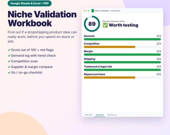 Dropshipping Niche Validation Workbook, Product Research Spreadsheet, Niche Finder Scorecard, Google Sheets & Excel, Printable PDF