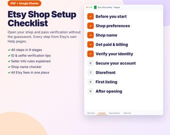 Etsy Shop Setup Checklist, New Etsy Seller Checklist PDF & Google Sheets, Identity Verification Guide, Etsy Fees, Shop Name Checker