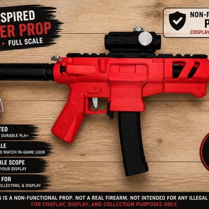 May include: A red and black 3D-printed blaster prop with a removable scope. The prop is full scale and designed to match the in-game look. The text on the image says "Game Inspired Blaster Prop" and "Non-Functional Prop".