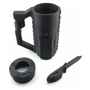 May include: Black tactical mug with a handle, a threaded top, and a skull emblem. Includes a matching black knife and a circular base with screw holes. The mug has a textured surface.