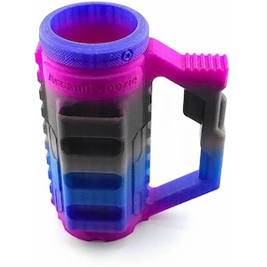 May include: A multi-colored drink koozie with a handle. The koozie is primarily pink, blue, and black, with the text "Assault Koozie" printed on the side. The handle and rim are a gradient of pink and blue.