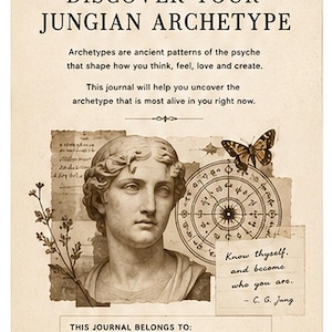 May include: A journal cover featuring the text "DISCOVER YOUR JUNGIAN ARCHETYPE" and "Know thyself, and become who you are. - C. G. Jung." The design includes a classical stone bust, a circular diagram, a butterfly, and a sprig of flowers.