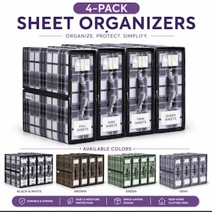 May include: A 4-pack of sheet organizers with a black and white plaid pattern. Each organizer has a label for sheet size: Full, King, Twin, and Queen. Additional colors include brown, green, and gray. The text reads: Organize. Protect. Simplify.