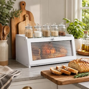 May include: A white wooden bread box with a clear, ribbed sliding door. Five glass jars with silver lids containing various grains and powders sit on top. A sliced loaf of bread rests on a wooden cutting board in the foreground.