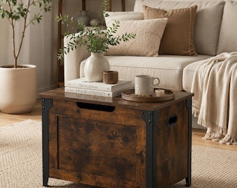 Rustic Industrial Storage Chest Trunk | Brown Entryway Storage | Heavy Duty Accent Side Table | Wooden Toy Box | Living Room Chest