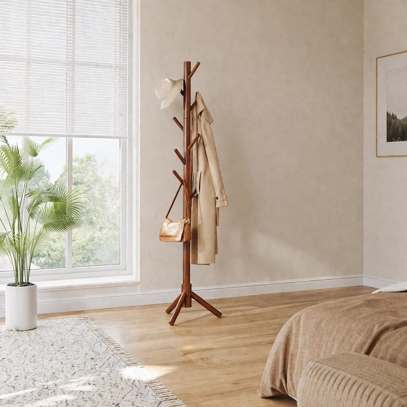 Toby Coat Rack Mid Century Modern Wood Coat Rack | 8 Hooks Standing Hanger | Entryway ...