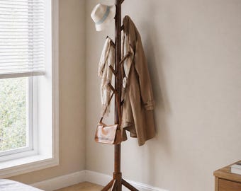Mid Century Modern Wood Coat Rack | 8 Hooks Standing Hanger | Entryway Organizer | Solid Wood Hat Stand | Minimalist Hall Tree Rack