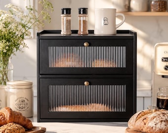 2 Tier Bread Box For Kitchen Countertop | Wooden Bread Bin With Ribbed Doors | Kitchen Storage Organizer | Cabinet For Pastries & Snacks