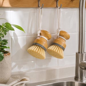 May include: Two wooden dish brushes with natural bristles hang from a wooden rack. Each brush has a light brown handle, a gray band, and a white rope for hanging. The brushes are suspended above a stainless steel sink.