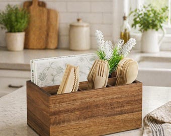 Utensil Caddy, Wooden Silverware Organizer, Acacia Wood Cutlery Holder, Countertop Utensil Organizer, Kitchen Storage Box