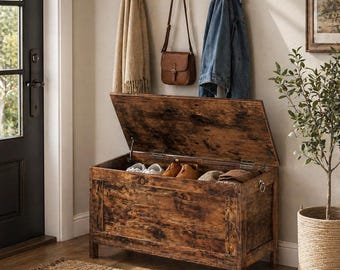 Rustic Wood Storage Trunk | Industrial Farmhouse Blanket Chest with Safety Hinge | Vintage Style Entryway Storage | Large Decorative Toy Box