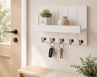 Mail Organizer Wall Mount with 5 Key Hooks, Wooden Mail Organizer, Entryway Key Rack with Hooks, Rustic Wall Decor, Key and Leash Holder