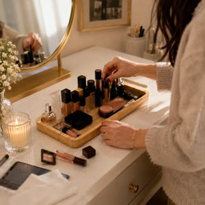 May include: A wooden makeup organizer filled with various cosmetic products, including lipsticks, foundations, and eyeshadows. The organizer sits on a white surface, with a lit candle and a mirror in the background. A person is reaching for a lipstick.