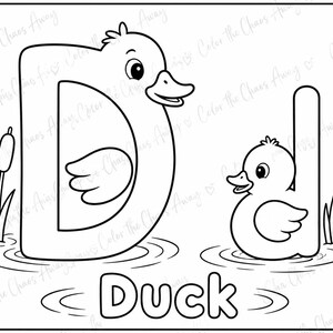 May include: A black and white coloring page featuring the uppercase letter D shaped like a duck and the lowercase letter d shaped like a smaller duck, both floating in water with reeds nearby and the word Duck printed at the bottom.