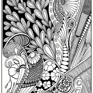 May include: A black and white coloring page featuring an intricate abstract design. The composition includes repeating teardrop shapes, floral motifs, cross-hatching, swirling lines, and geometric patterns that fill the entire rectangular frame.