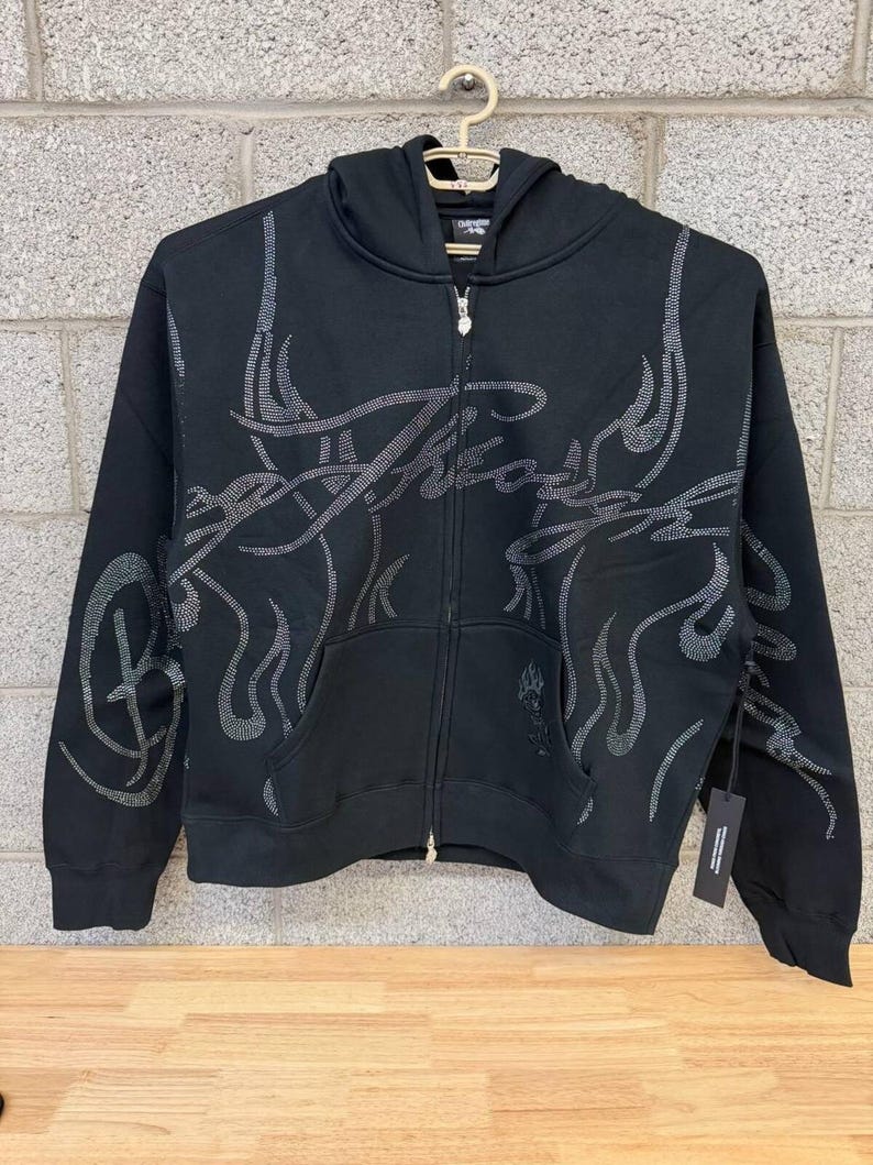 Civil Regime Rhinestone Flame Zip Hoodie XL Black Streetwear afbeelding 1