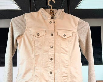 Hinge White Denim Knit Sleeve Hooded Jacket Size 1 Womens