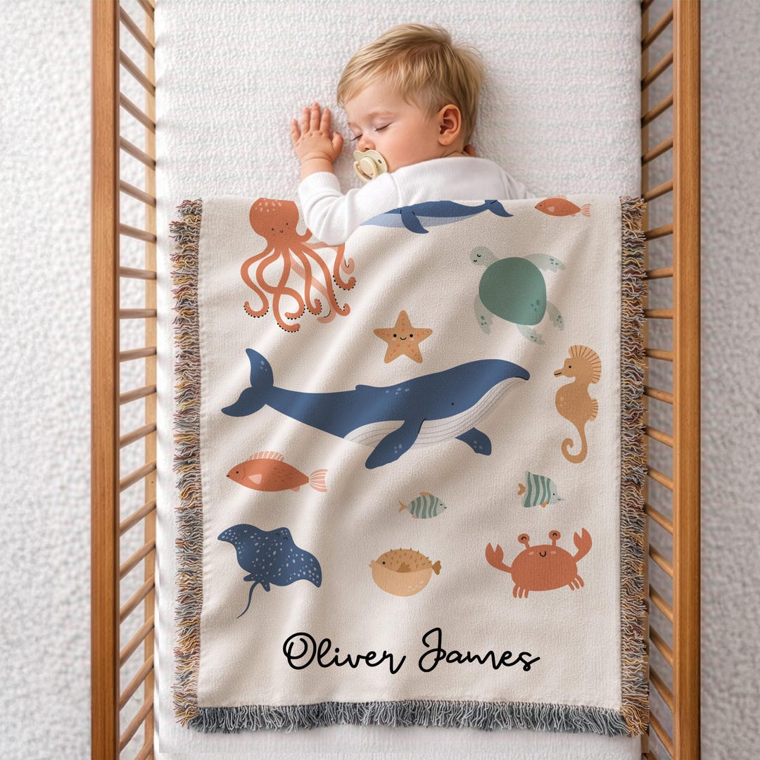 Personalized Ocean Baby Boy Blanket With Name, Coastal Nautical Nursery ...