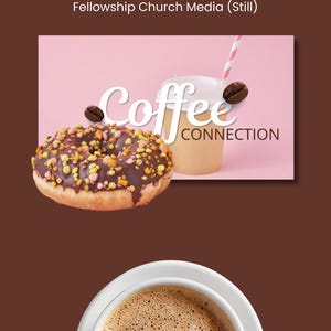 Op de afbeelding: Afbeelding met een donut met chocoladeglazuur en hagelslag, een koffiekopje met een rietje en koffiebonen. De woorden "Coffee Connection" worden weergegeven. Een kopje koffie met de woorden "Direct downloaden" wordt ook getoond.