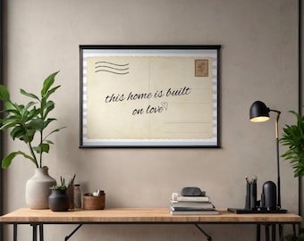 This Home Is Built on Love Printable Wall Art, Blue Striped Postcard Print, Minimalist Home Quote Decor