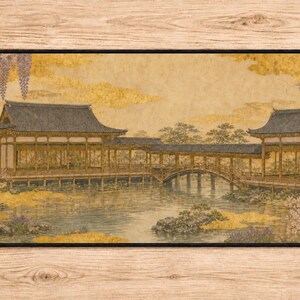 Japanese Garden Playmat MTG, Heian Palace Pond Bridge Card Game Mat, Gold Nihonga TCG Deck Mat